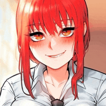 a close up of a red haired anime girl wearing a white shirt and tie .