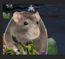 a close up of a rat with a purple star on its head