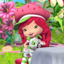 a strawberry shortcake cartoon character holding a small white dog