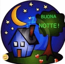 a cartoon illustration of a house , tree , moon and stars with the words buona notte written on it .