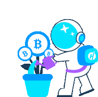 a cartoon of an astronaut watering a potted plant with bitcoins