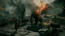 a man with a sword and shield is fighting a large monster in a video game