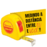 a yellow starrett measuring tape is next to a sign that says medindo a distância entre eu e voce