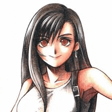 a close up of a drawing of a girl with long hair wearing a white tank top .