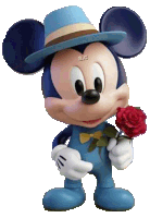 mickey mouse is wearing a hat and holding a rose