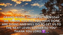 a thankful thursday message with a sunset and palm trees in the background