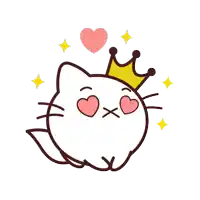 a white cat with a crown on its head has hearts in its eyes