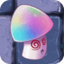 a rainbow colored mushroom with a spiral on it is sitting on a brick wall .