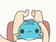 a cartoon of a person holding a blue frog on their lap