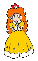 princess daisy is wearing a yellow dress and a crown .