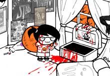 a black and white drawing of a girl in a room with scary carrie posters