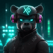 a bear wearing headphones and a helmet with a x on it