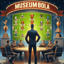 a group of men sit around a table under a museum bola sign