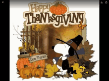 a picture of snoopy with pumpkins and leaves with the words happy thanksgiving