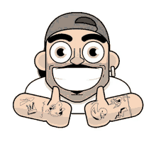 a cartoon drawing of a man with tattoos on his hands