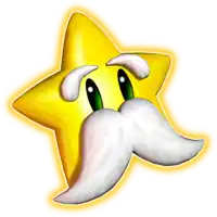 a cartoon star with a white mustache and green eyes