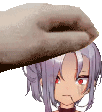 a hand is holding a purple haired anime girl 's head in a pixel art style .