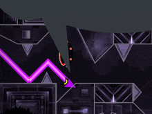 a video game with a purple arrow pointing to a yellow object