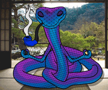 a blue and purple snake smoking a pipe in front of a window