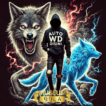 a man with a hoodie that says auto wd disini stands in front of two wolves