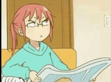 a cartoon girl is reading a newspaper on a couch .