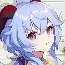 a close up of a blue haired anime girl with purple eyes and horns .