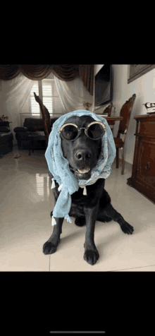 a black dog wearing sunglasses and a scarf around his neck