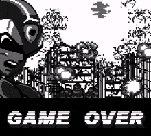 a black and white pixel art of a superhero standing in front of a city with the words game over on the bottom .