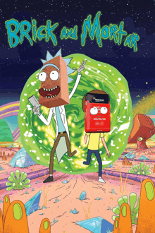 a poster for rick and mortar shows rick and mortar with a brick on their head