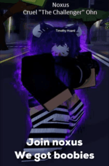 a girl with purple hair and striped socks is standing on a street in a video game .