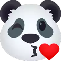 a panda bear is blowing a kiss and has a red heart in its mouth