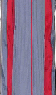 a close up of a blue jacket with red stripes on the sleeves