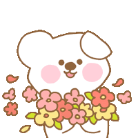 a cartoon drawing of a dog holding a bouquet of flowers