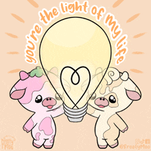 a cartoon of two cows holding a light bulb with the words " you 're the light of my life "