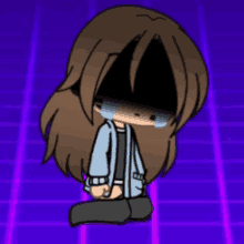 a cartoon girl is kneeling down and crying with a purple background