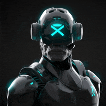 a robot with headphones and a glowing x on his head