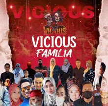 a poster for vicious familia shows a group of people posing for a photo