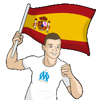 a man wearing a shirt that says droit au but holds up a spanish flag