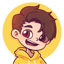 a cartoon drawing of a boy wearing a yellow hoodie and smiling .