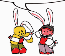 a cartoon drawing of two rabbits with speech bubbles above them