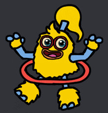 a cartoon drawing of a yellow and blue monster with a hula hoop around its waist