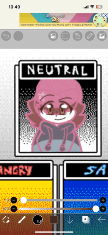 a phone screen shows a picture of a pink character with the word neutral on it