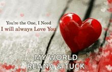 a red heart with the words " you 're the one i need i will always love you my world reana & tuck "