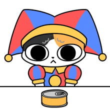 a cartoon of a cat wearing a jester hat next to a can of food