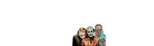 three people wearing masks are standing next to each other on a white background