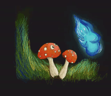 a drawing of two mushrooms in the grass with a blue cloud in the background