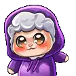 a cartoon character wearing a purple hoodie with a hood and gray hair .