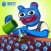 a cartoon of a blue bear watering a plant with the words brett only on base below it