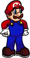 a cartoon drawing of mario wearing overalls and a red hat with a letter m on it