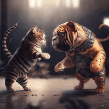 a tiger and a bulldog are standing next to each other on the floor